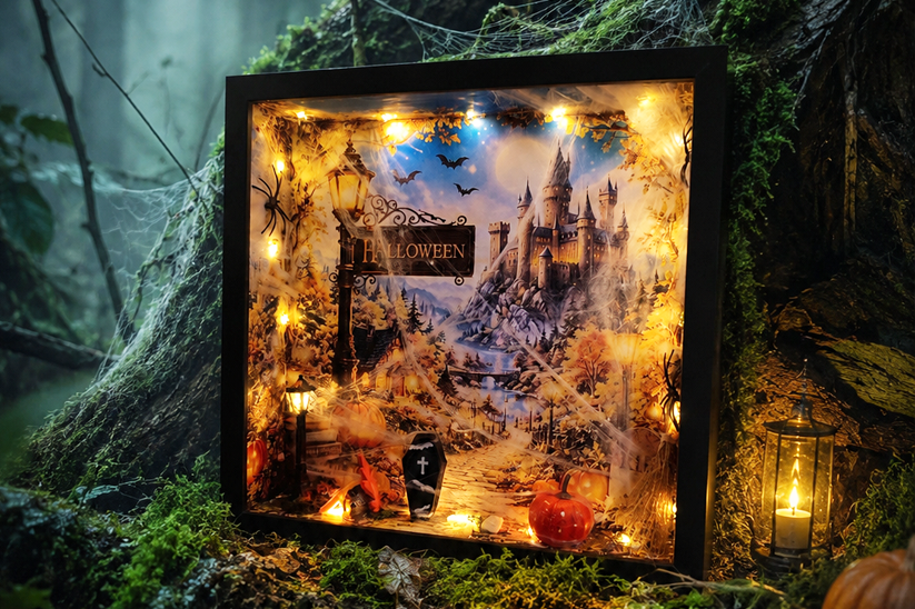 Halloween este 3D világító mesedoboz és hangulatlámpa, kastély és misztikum motívummal a Lumora Box-tól