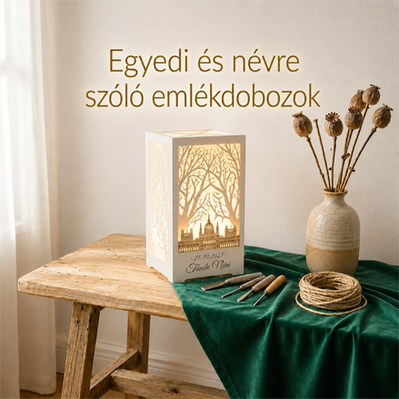 Zöld terítőn díszdoboz, faragott faasztal, tollak és szárított virágok vázában