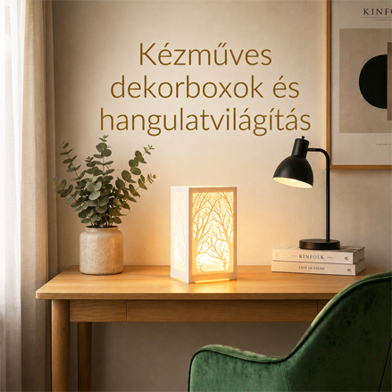Minimalista nappali sarok: zöld fotel, fa polc, lámpa, könyvek, virágcserép és világító dekoráció.
