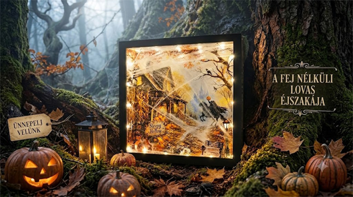 Őszi erdei jelenet, töklámpások, gyertyás lámpás és falra akasztott, világító Halloween-kép.