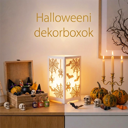 Halloween dekorációk: tökök, koponyák, gyertyák és pókhálós lámpa a polcon, meleg fényben.