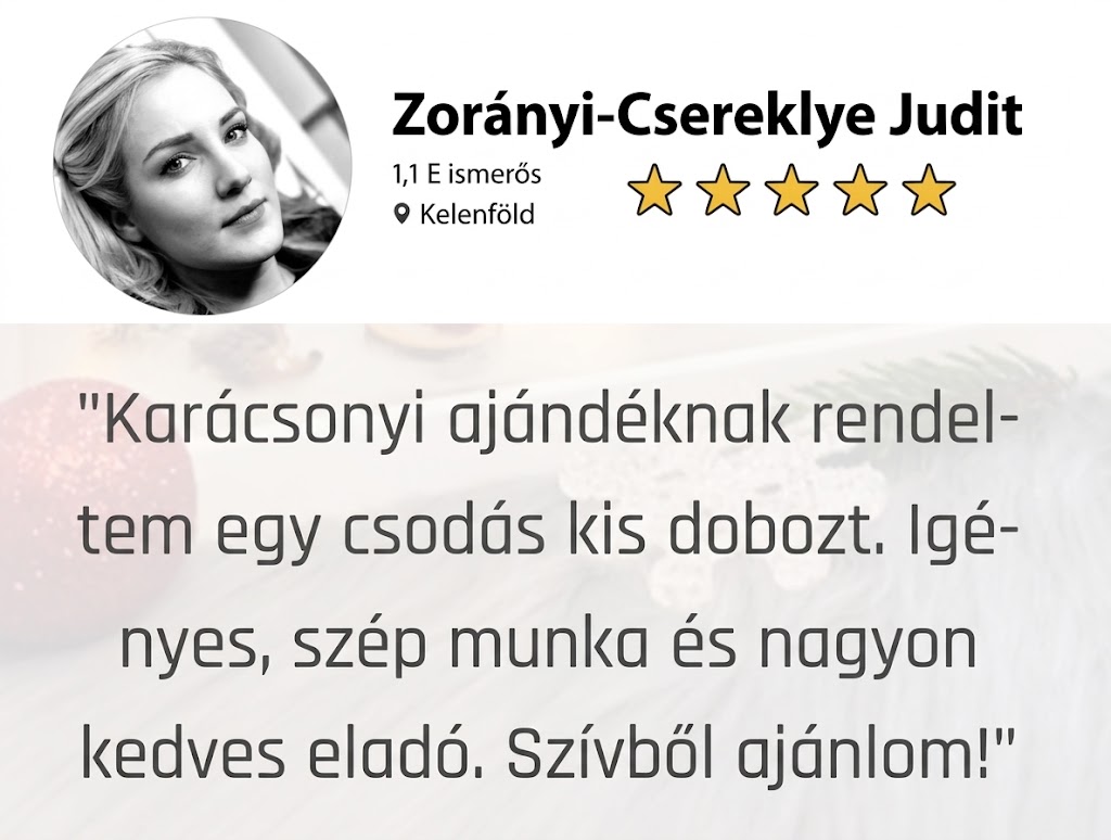 Vásárló értékelése 5 csillaggal és egy idézet szöveggel, háttérben a megrendelt dekoráció homályos képe.