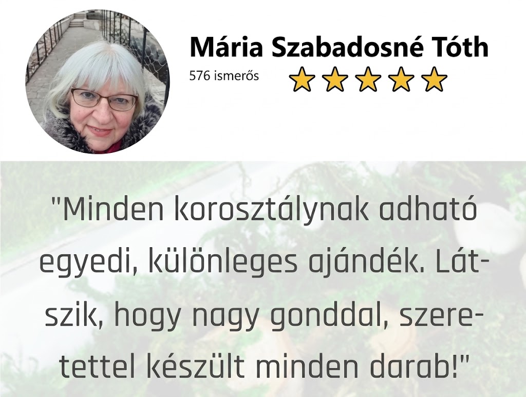 Vásárló értékelése 5 csillaggal és egy idézet szöveggel, háttérben a megrendelt dekoráció homályos képe.
