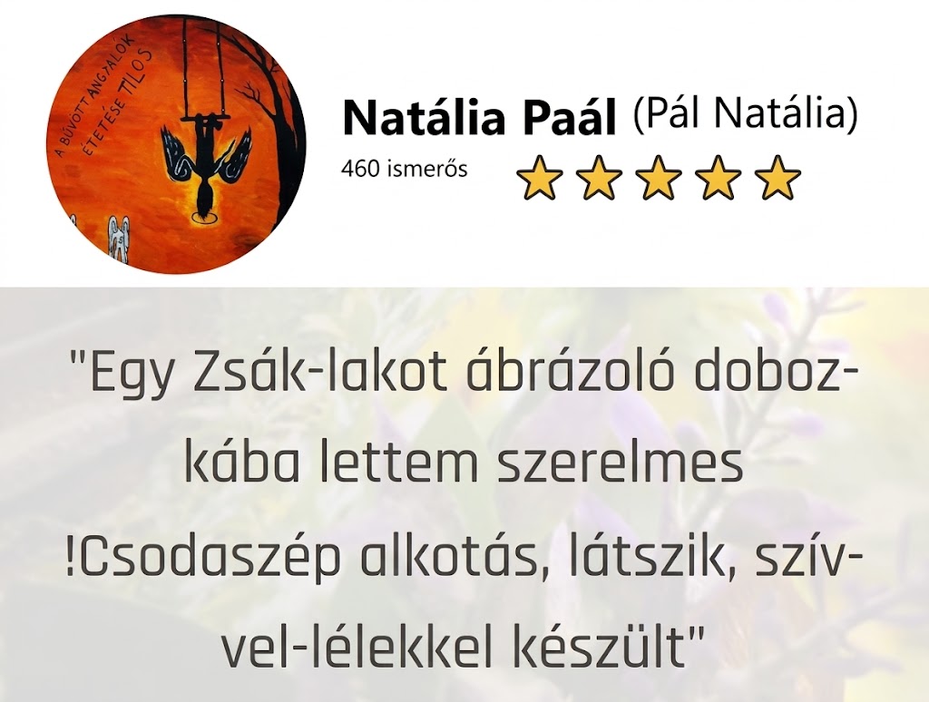 Vásárló értékelése 5 csillaggal és egy idézet szöveggel, háttérben a megrendelt dekoráció homályos képe.