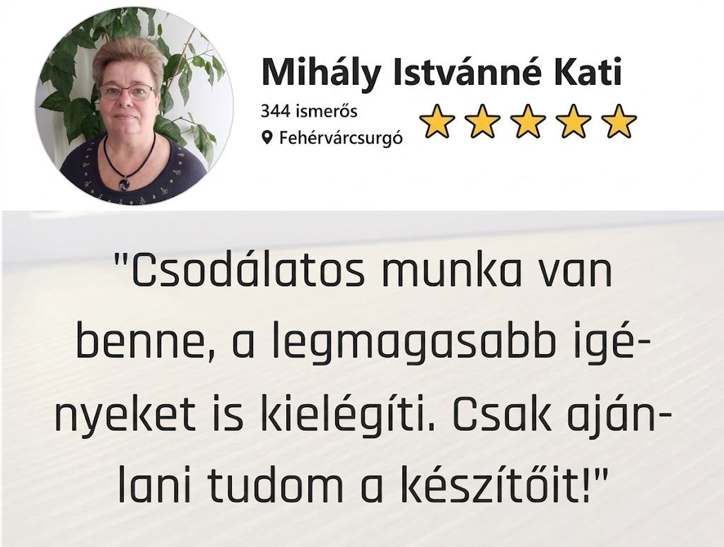 Vásárló értékelése 5 csillaggal és egy idézet szöveggel, háttérben a megrendelt dekoráció homályos képe.
